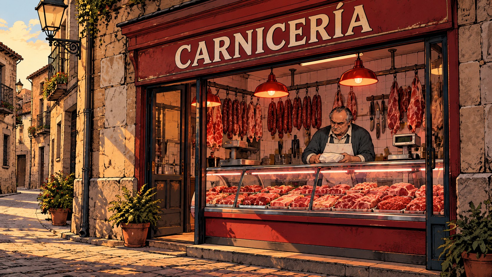 Viñeta panorámica de una carnicería tradicional de pueblo, prólogo de El cocido madrileño.