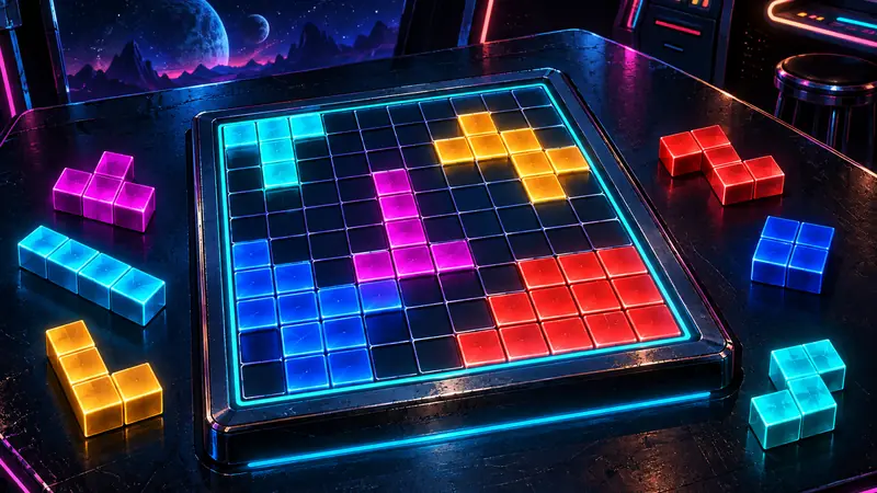 Tablero retro futurista de diez por diez con bloques geométricos de colores